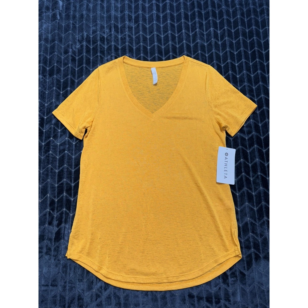 Athleta Breezy Scoop V Tee Mustard Yellow Heather V-Neck Slub T-Shirt Size M NWT